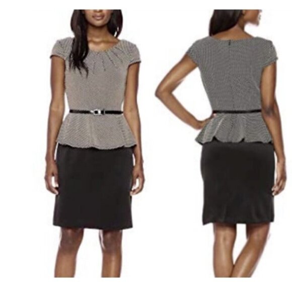 🔥Connected Apparel Polka Dot Knit Peplum Black And White Midi Dress - Picture 1 of 10
